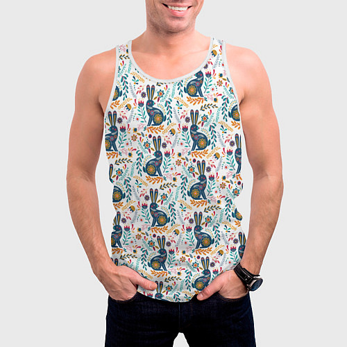 Мужская майка без рукавов Новогодний паттерн - Кролики и веточки / 3D-Белый – фото 3
