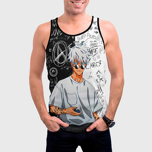 Мужская майка без рукавов Сатору Годжо в очках - магическая битва / 3D-Черный – фото 3