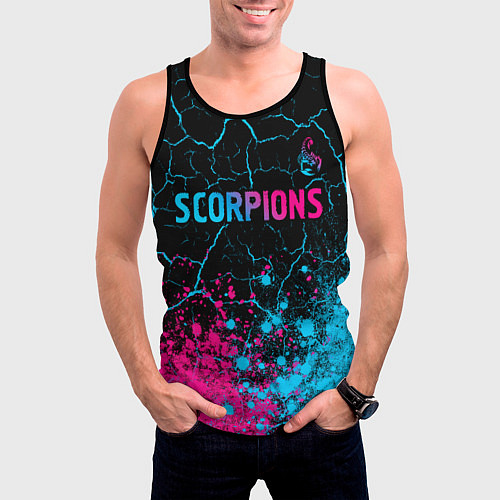Мужская майка без рукавов Scorpions - neon gradient: символ сверху / 3D-Черный – фото 3