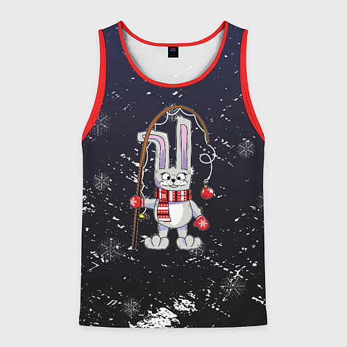 Мужская майка без рукавов Новогодний заяц с удочкой / 3D-Красный – фото 1