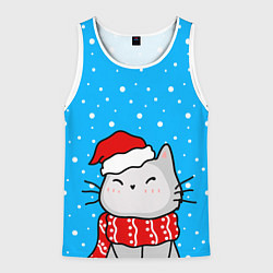 Майка-безрукавка мужская Снегопад - котик в шапочке, цвет: 3D-белый