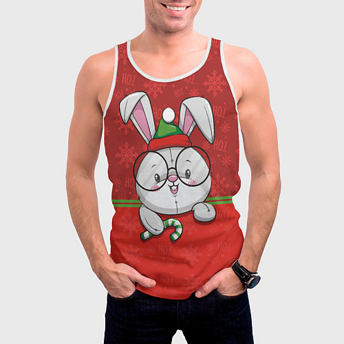 Мужская майка без рукавов Новогодний зайка в очках / 3D-Белый – фото 3