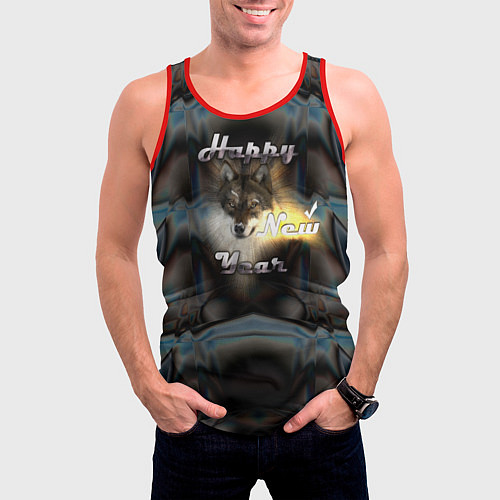 Мужская майка без рукавов Happy New Year - волк / 3D-Красный – фото 3