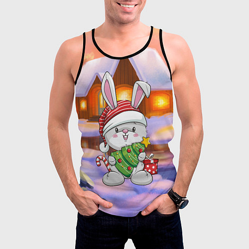Мужская майка без рукавов Новый год - зайчик с елочкой / 3D-Черный – фото 3