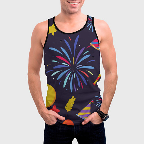Мужская майка без рукавов Новогодний фейерверк / 3D-Черный – фото 3