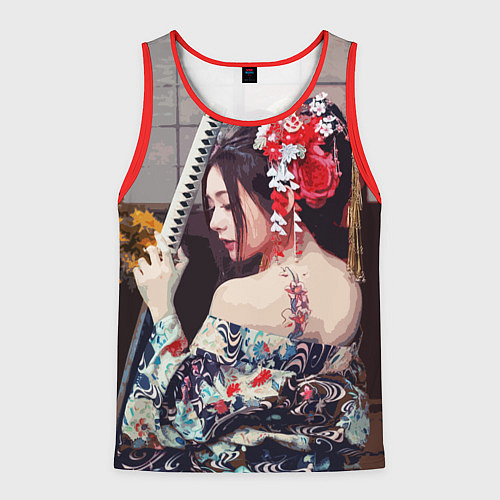 Мужская майка без рукавов Японская девушка с самурайским мечом / 3D-Красный – фото 1