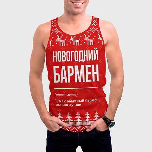 Мужская майка без рукавов Новогодний бармен: свитер с оленями / 3D-Красный – фото 3