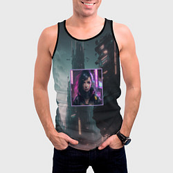 Майка-безрукавка мужская Девушка в рамках гнетущего города будущего, цвет: 3D-черный — фото 2