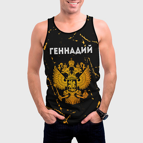 Мужская майка без рукавов Геннадий и зологой герб РФ / 3D-Черный – фото 3
