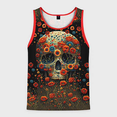 Мужская майка без рукавов Череп украшенный цветущими маками / 3D-Красный – фото 1
