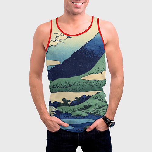 Мужская майка без рукавов Журавли - японский художник Хокусай Фудзи / 3D-Красный – фото 3