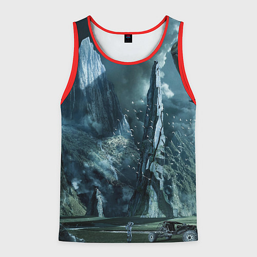 Мужская майка без рукавов Сай-фай тёмные горы и корабль / 3D-Красный – фото 1