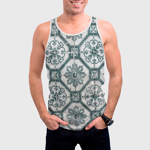 Мужская майка без рукавов Серый паттерн из листьев, геометрии и кристаллов / 3D-Белый – фото 3