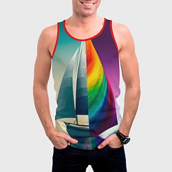 Майка-безрукавка мужская Два мира пересекаются: корабль и радужное полотно, цвет: 3D-красный — фото 2