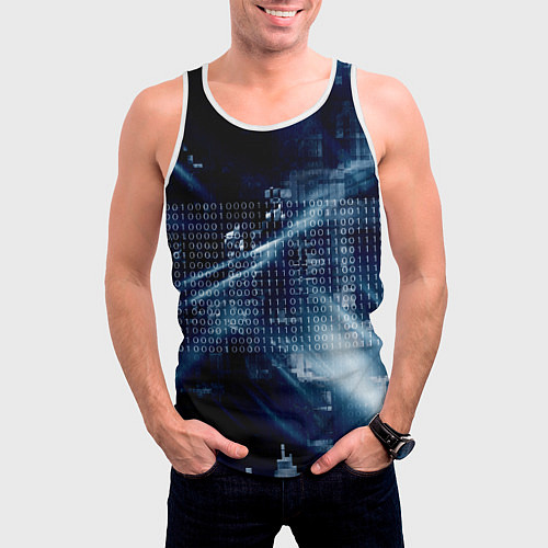 Мужская майка без рукавов Тёмно-ледяной фон и бесконечный код / 3D-Белый – фото 3