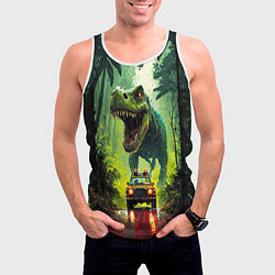 Майка-безрукавка мужская Динозавр в погоне за машиной в джунглях, цвет: 3D-белый — фото 2