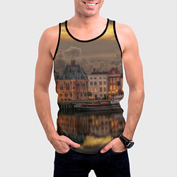 Майка-безрукавка мужская Мирный город на воде и тучи, цвет: 3D-черный — фото 2