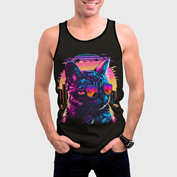 Майка-безрукавка мужская Кот в неоновом закате, цвет: 3D-черный — фото 2