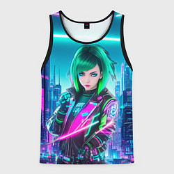 Майка-безрукавка мужская Девушка с зелеными волосами киберпанк, цвет: 3D-черный