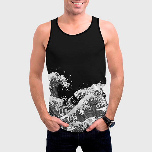 Мужская майка без рукавов Японские волны на темном фоне / 3D-Черный – фото 3