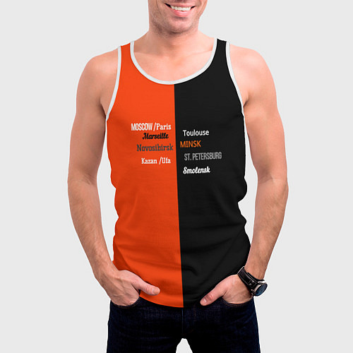 Мужская майка без рукавов Черно-оранжевый с названиями городов / 3D-Белый – фото 3