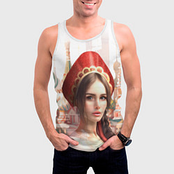 Майка-безрукавка мужская Девушка в кокошнике с косой - кремль, цвет: 3D-белый — фото 2
