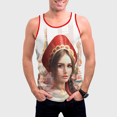 Мужская майка без рукавов Девушка в кокошнике с косой - кремль / 3D-Красный – фото 3