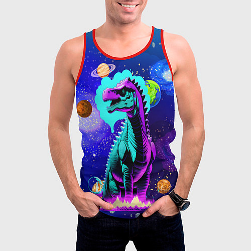 Мужская майка без рукавов Динозавр в космосе - неоновое свечение / 3D-Красный – фото 3