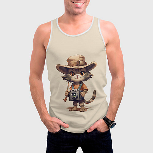 Мужская майка без рукавов Котенок в майке с фотоаппаратом / 3D-Белый – фото 3