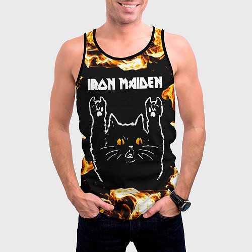 Мужская майка без рукавов Iron Maiden рок кот и огонь / 3D-Черный – фото 3