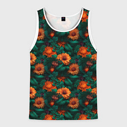Майка-безрукавка мужская Оранжевые цветы и зеленые листья, цвет: 3D-белый