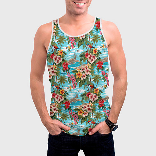 Мужская майка без рукавов Разноцветные гавайские цветы / 3D-Белый – фото 3