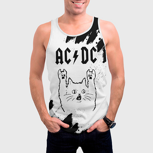 Мужская майка без рукавов AC DC рок кот на светлом фоне / 3D-Белый – фото 3