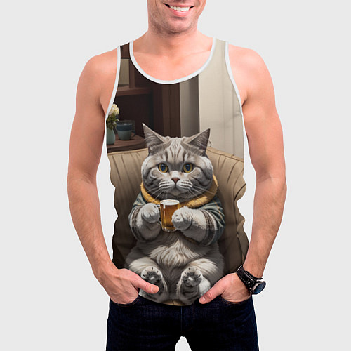 Мужская майка без рукавов Кот сидит на диване с напитком / 3D-Белый – фото 3