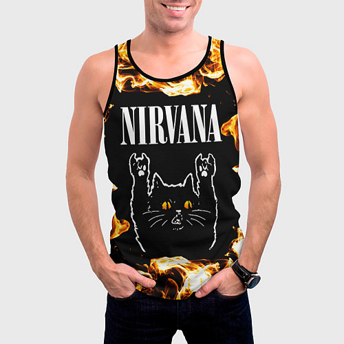 Мужская майка без рукавов Nirvana рок кот и огонь / 3D-Черный – фото 3