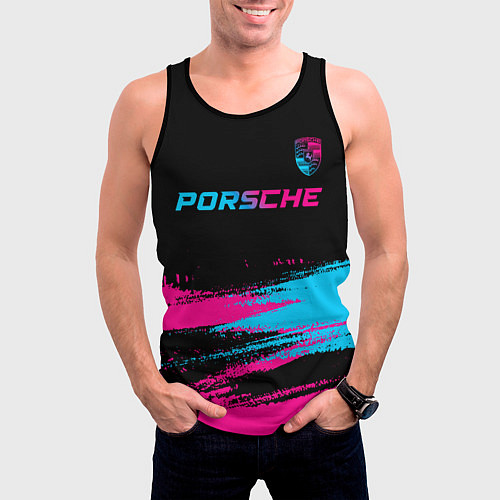 Мужская майка без рукавов Porsche - neon gradient: символ сверху / 3D-Черный – фото 3