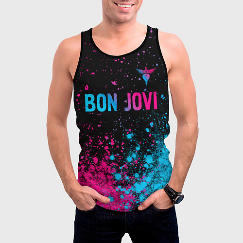 Мужская майка без рукавов Bon Jovi - neon gradient: символ сверху / 3D-Черный – фото 3