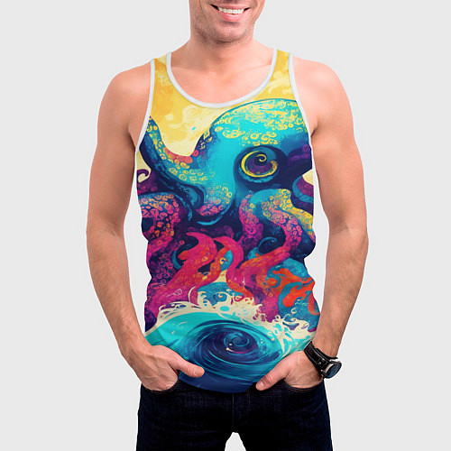 Мужская майка без рукавов Разноцветный осьминог на волнах красок / 3D-Белый – фото 3