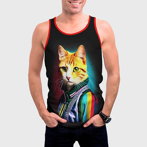Мужская майка без рукавов Модный рыжий кот - неон - поп-арт / 3D-Красный – фото 3