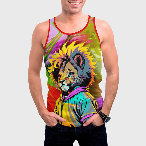 Мужская майка без рукавов Funny lion cub - pop art / 3D-Красный – фото 3