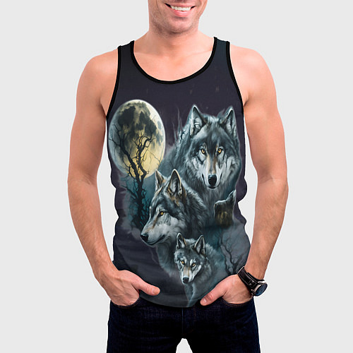 Мужская майка без рукавов Вольчья стая и луна / 3D-Черный – фото 3
