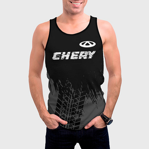 Мужская майка без рукавов Chery speed на темном фоне со следами шин: символ / 3D-Черный – фото 3