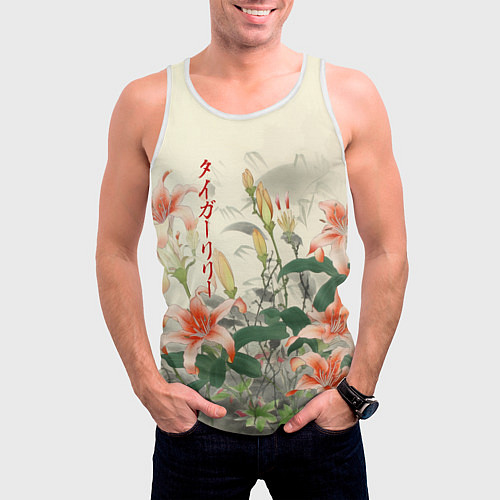 Мужская майка без рукавов Тигровые лилии - японский стиль / 3D-Белый – фото 3