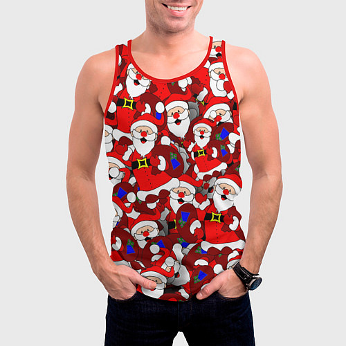 Мужская майка без рукавов Новогодний паттерн с дедами морозами / 3D-Красный – фото 3