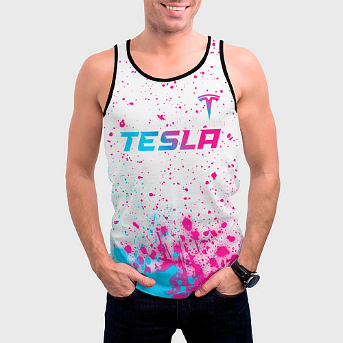 Мужская майка без рукавов Tesla neon gradient style: символ сверху / 3D-Черный – фото 3