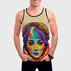 Майка-безрукавка мужская Девушка с разноцветными волосами на клетчатом фоне, цвет: 3D-черный — фото 2