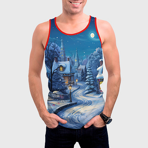 Мужская майка без рукавов Новогодняя ночь в деревушке / 3D-Красный – фото 3