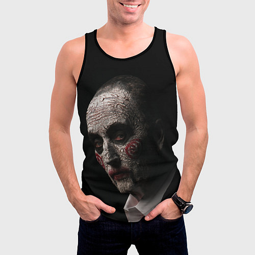 Мужская майка без рукавов Джон Крамер пила в гриме куклы / 3D-Черный – фото 3