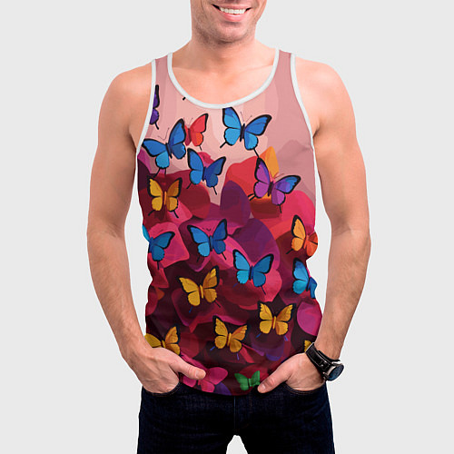 Мужская майка без рукавов Разноцветные бабочки - розовые цветы / 3D-Белый – фото 3