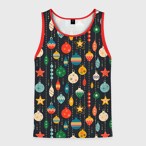 Мужская майка без рукавов Новогодние ёлочные игрушки на черном фоне / 3D-Красный – фото 1